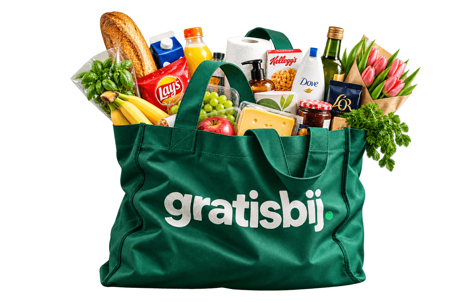 Een groene GratisBij-boodschappentas gevuld met boodschappen